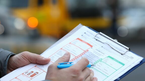 Close-up of male insurance agent filling report claim form on clipboard. Copy space in right side. Automobile crash. Process after car accident and traffic concept
