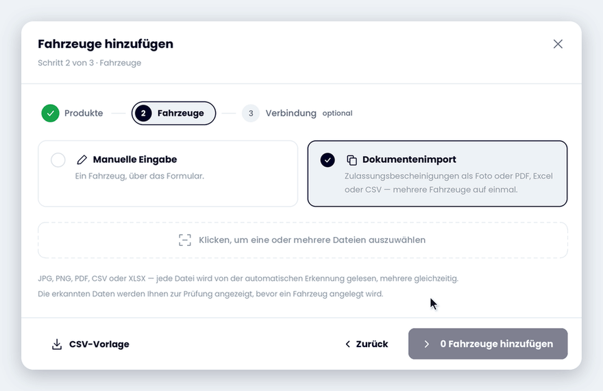 Prüfansicht in Fleet Agent: aus der Zulassungsbescheinigung ausgelesene Vertrags- und Fahrzeugdaten, bereit zum Anlegen des Fahrzeugs