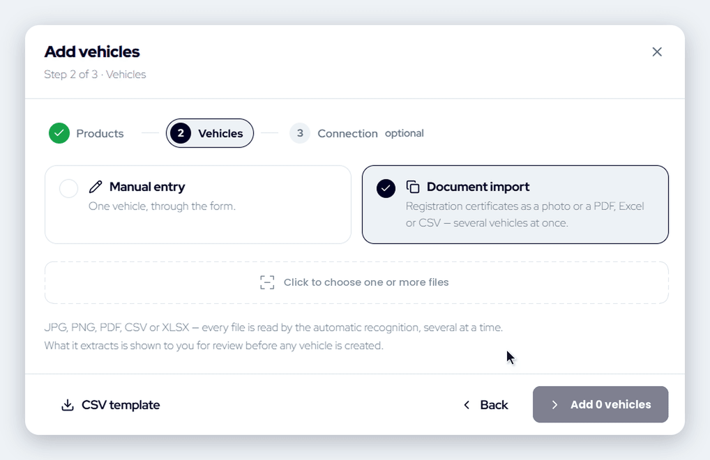 Fleet Agent review screen: lease and vehicle details read from a registration certificate, ready to create the vehicle