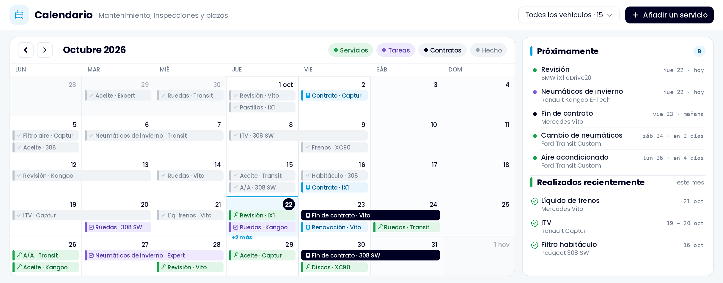 Vista de planificación de Echoes Fleet Agent: calendario de octubre de 2026 con revisiones y vencimientos de contratos, próximas revisiones y eventos pasados por confirmar