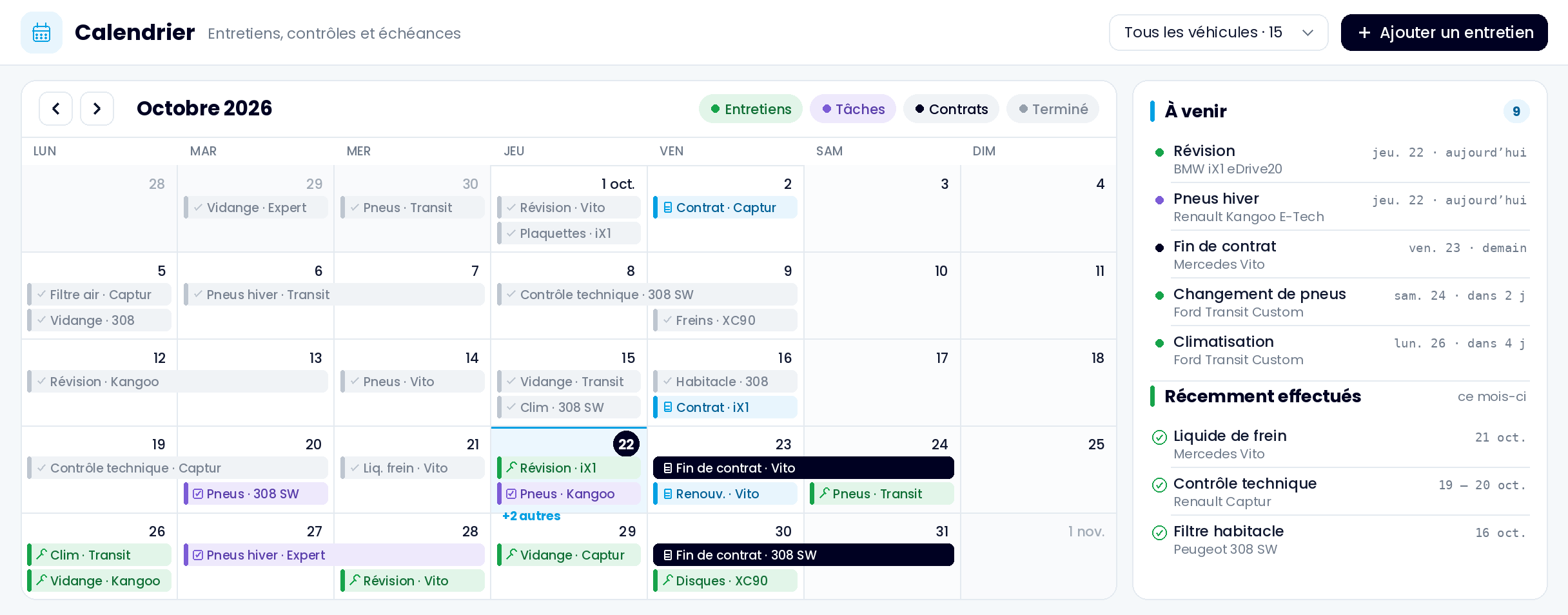 Vue planning d’Echoes Fleet Agent : calendrier d’octobre 2026 des entretiens et échéances de contrats, avec les entretiens à venir et les événements passés à confirmer