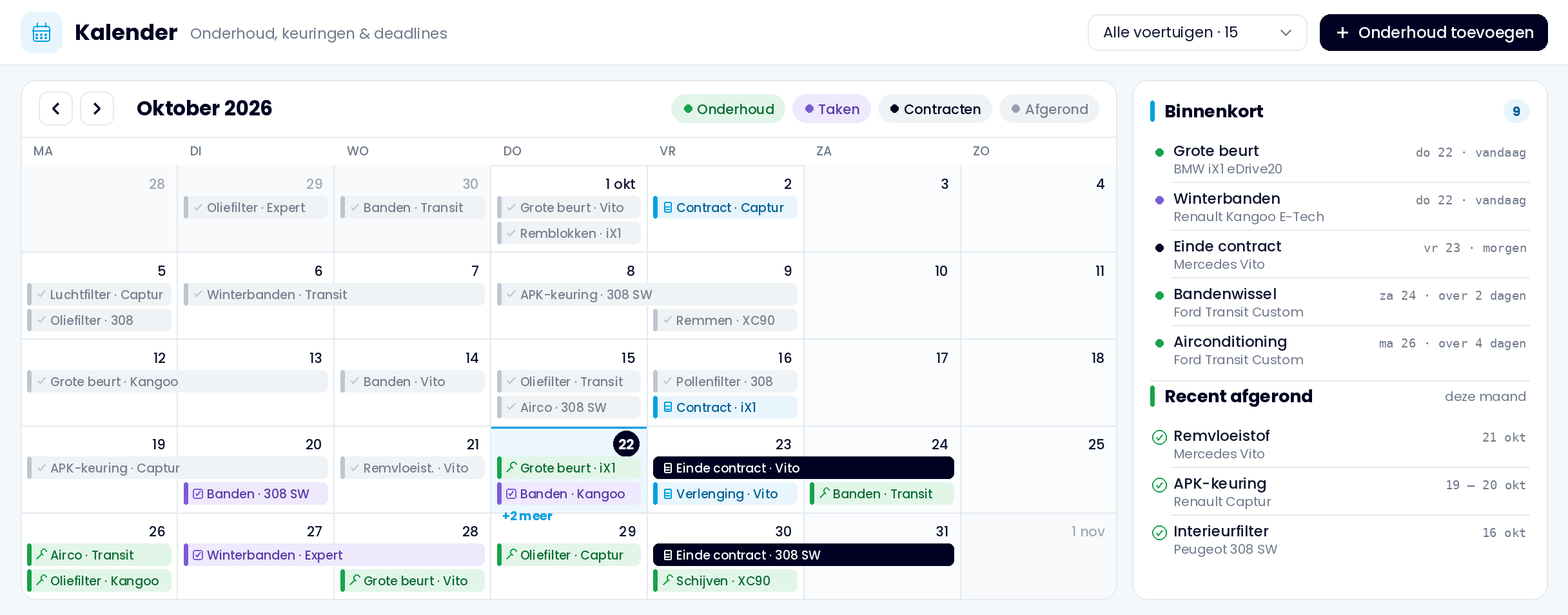 Planningsoverzicht van Echoes Fleet Agent: kalender van oktober 2026 met onderhoud en contractdata, komend onderhoud en te bevestigen eerdere gebeurtenissen