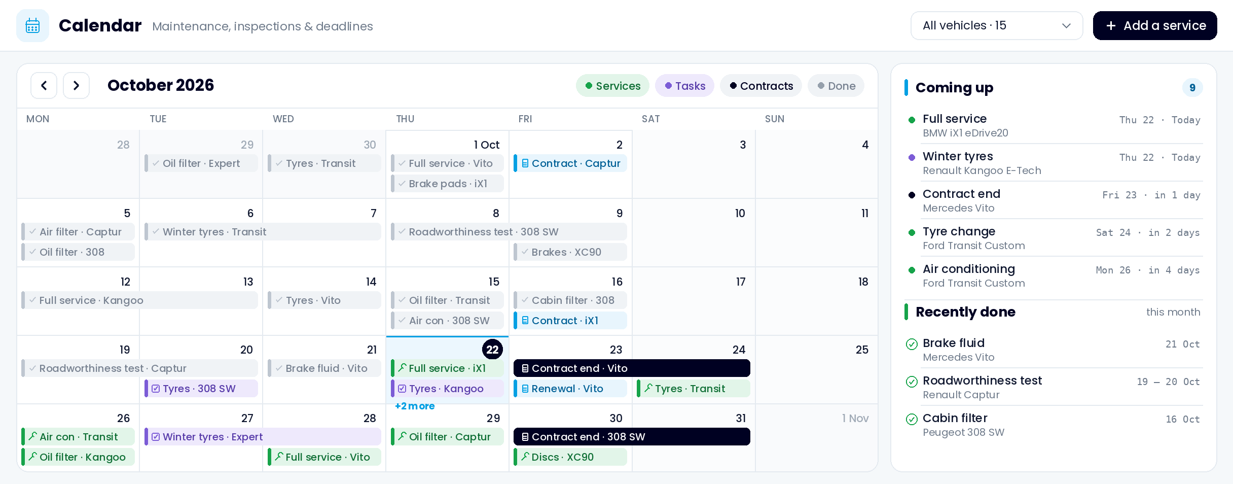 Echoes Fleet Agent planning view: October 2026 calendar of services and contract dates, with upcoming services and past events to confirm
